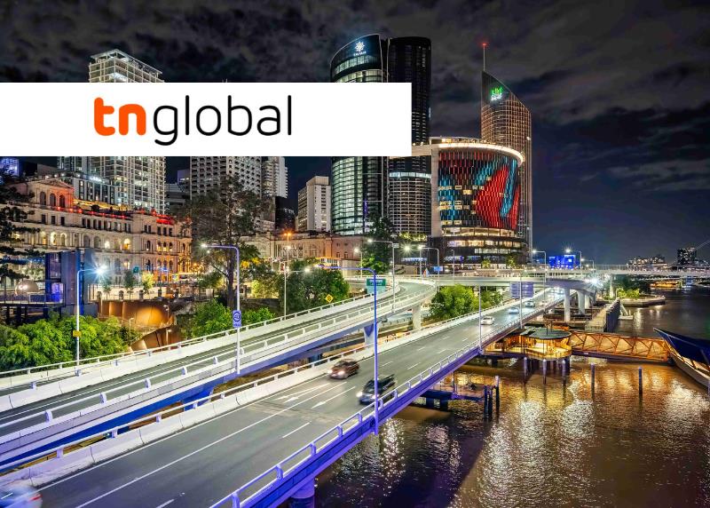 Technode Global logo and Brisbane skyline at night