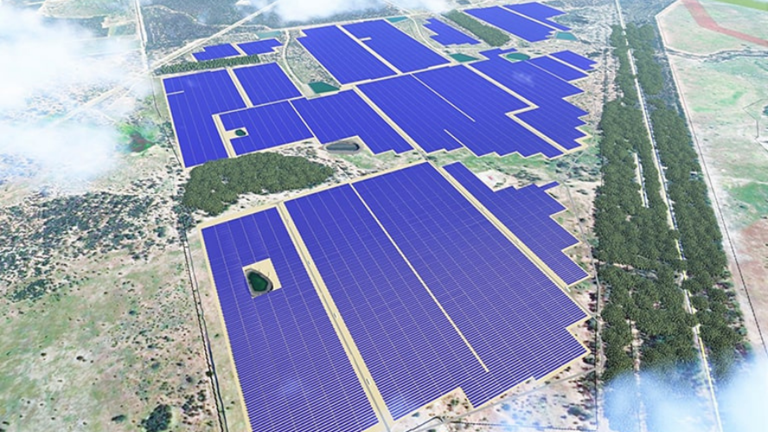 Aerial shot of solar panel farm
