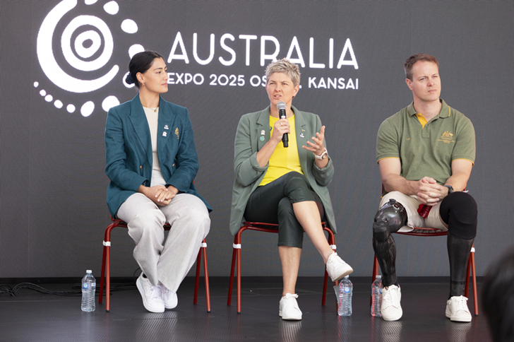 Olympian Natalie Cook speaks to the Australian Pavillion audience alongside fellow Olympian Saya Sakakibara and Paralympian Curtis McGrath.