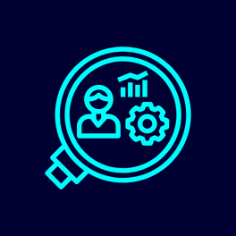 Icon of research and analytics elements featuring persona, chart and cog inside magnifying glass.